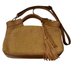 Garnet Hill Elci Handbag Woven Crossbody Natural Tan Leather Trim